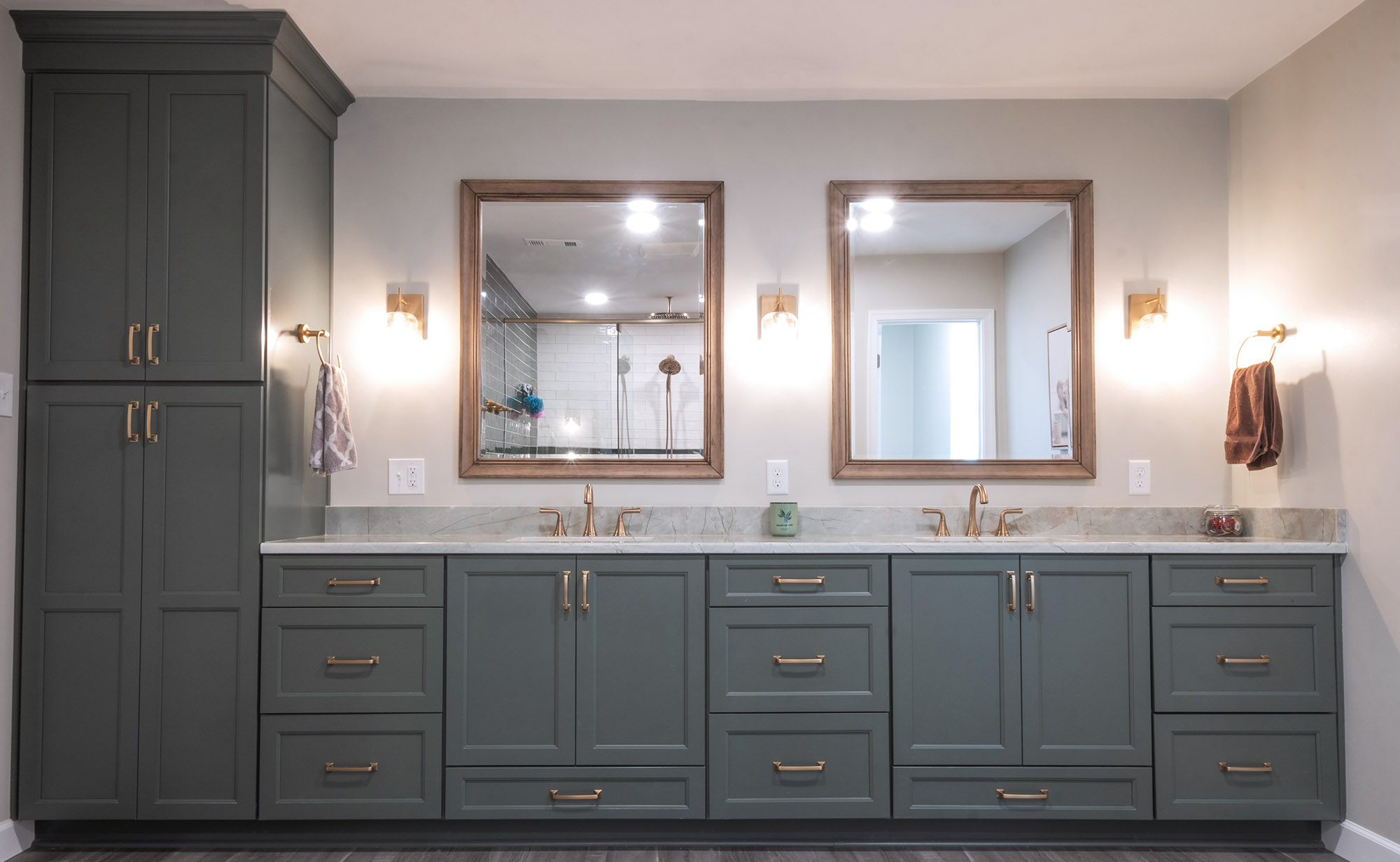Large bathroom large bathroom with long double vanity and large walk-in shower.