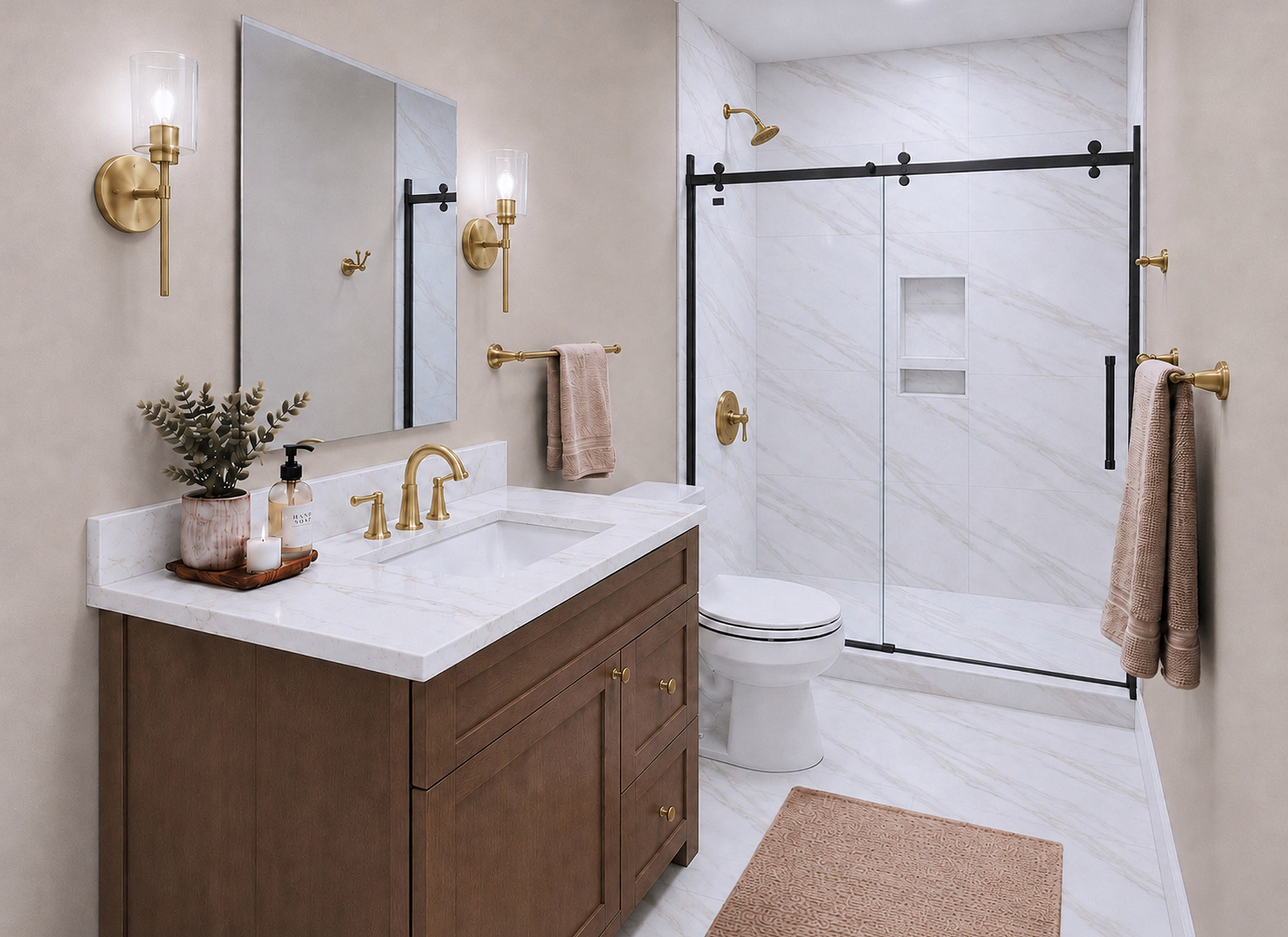 Harris Signature Bath, Level 4 in Classic with Champagne Bronze Fixtures & Sconce Lighting