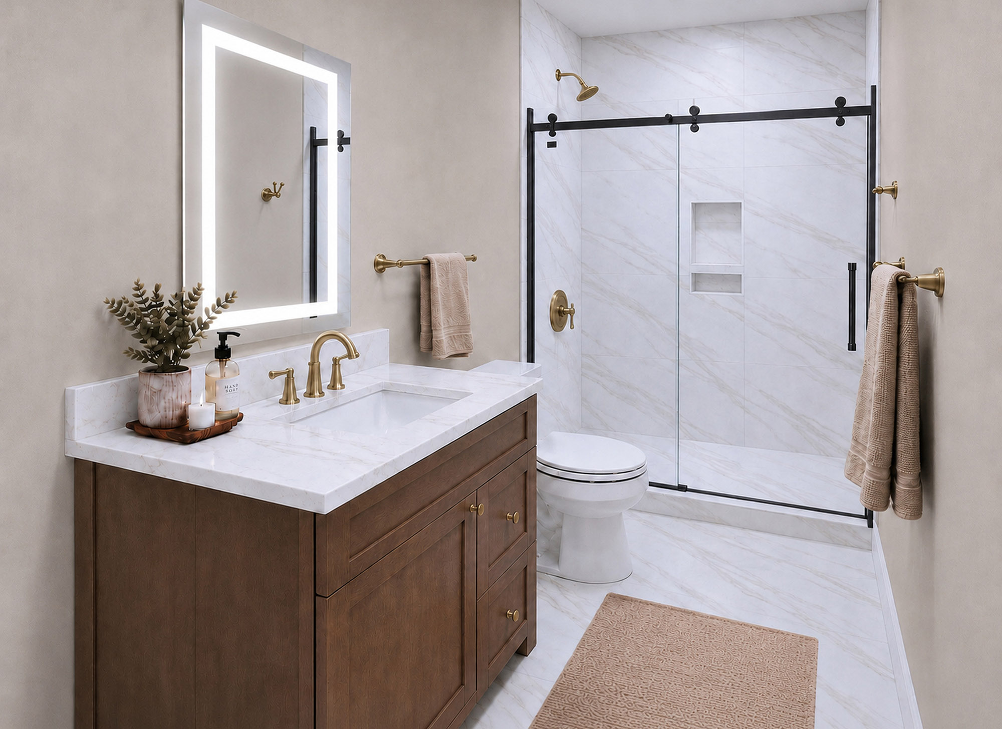 Harris Signature Bath, Level 4 in Classic with Champagne Bronze Fixtures & LED Mirror