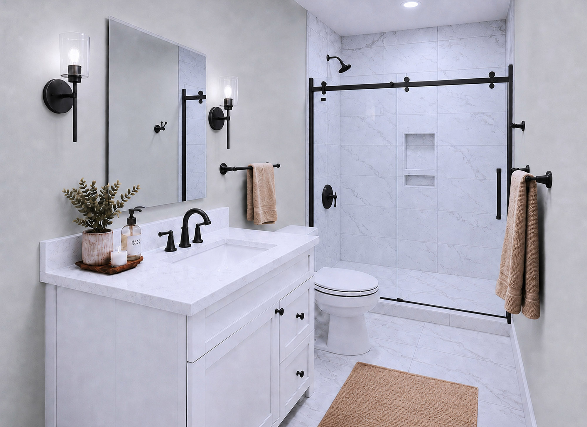 Harris Signature Bath, Level 4 in Coastal with Black Matte Fixtures & Sconce Lighting