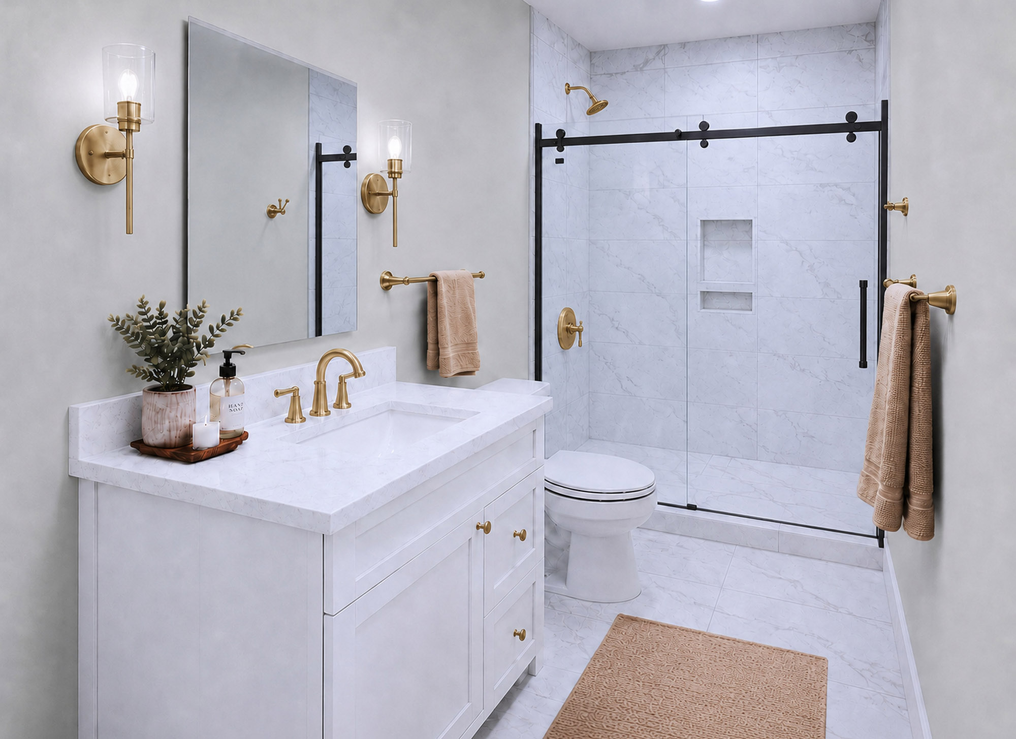 Harris Signature Bath, Level 4 in Coastal with Champagne Bronze Fixtures & Sconce Lighting