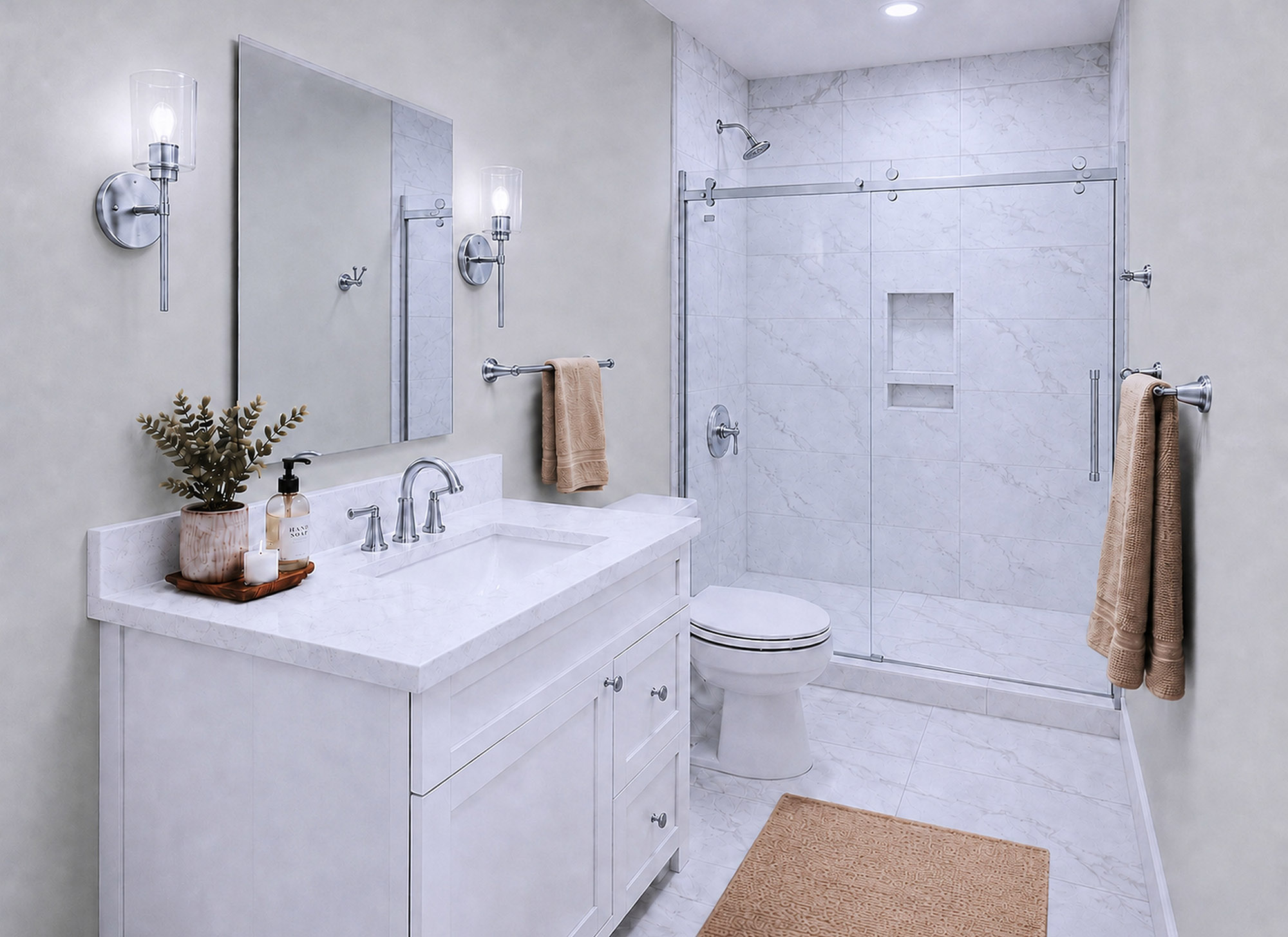 Harris Signature Bath, Level 4 in Coastal with Chrome Fixtures & Sconce Lighting
