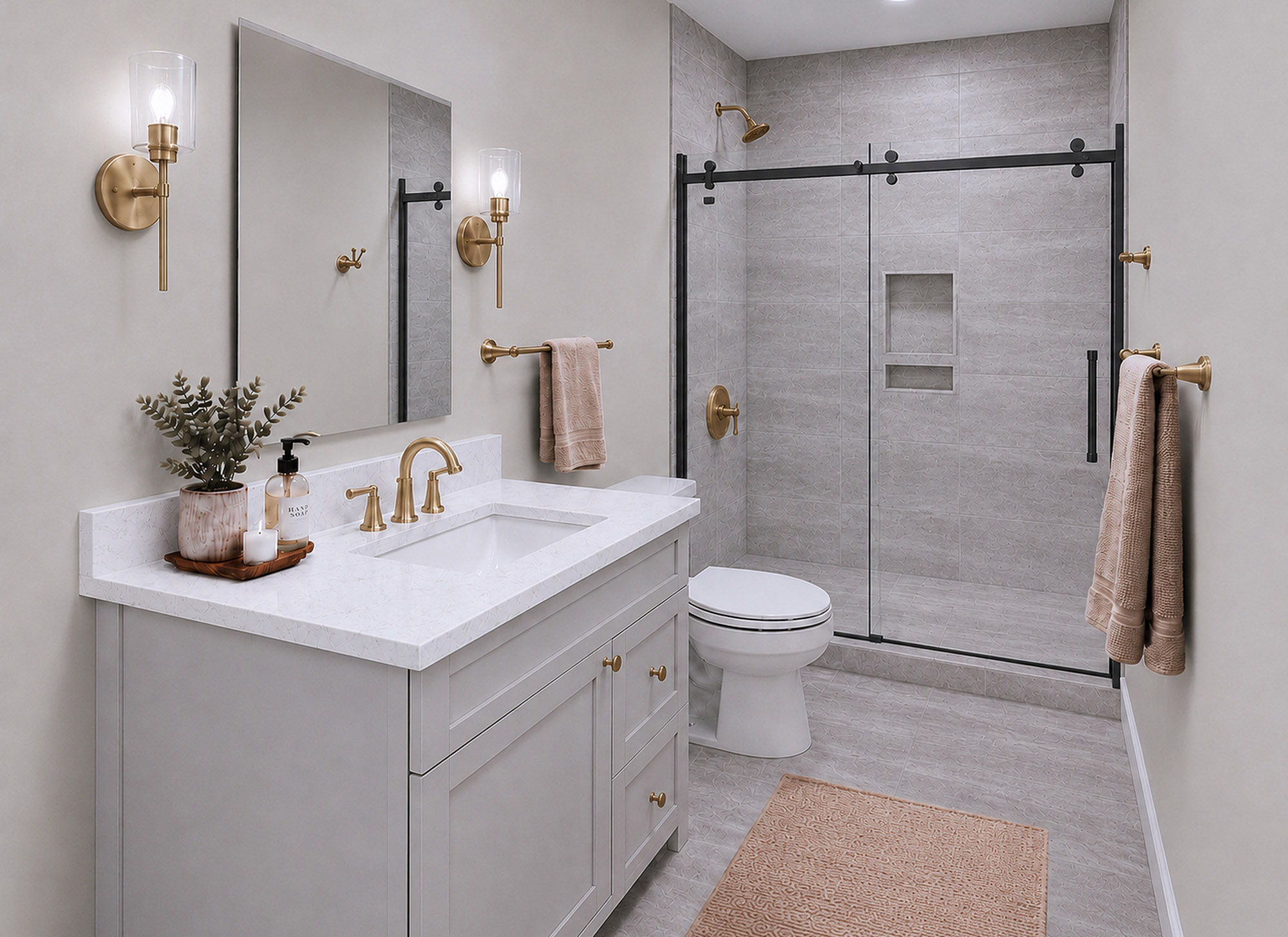 Harris Signature Bath, Level 4 in Modern with Champagne Bronze Fixtures & Sconce Lighting