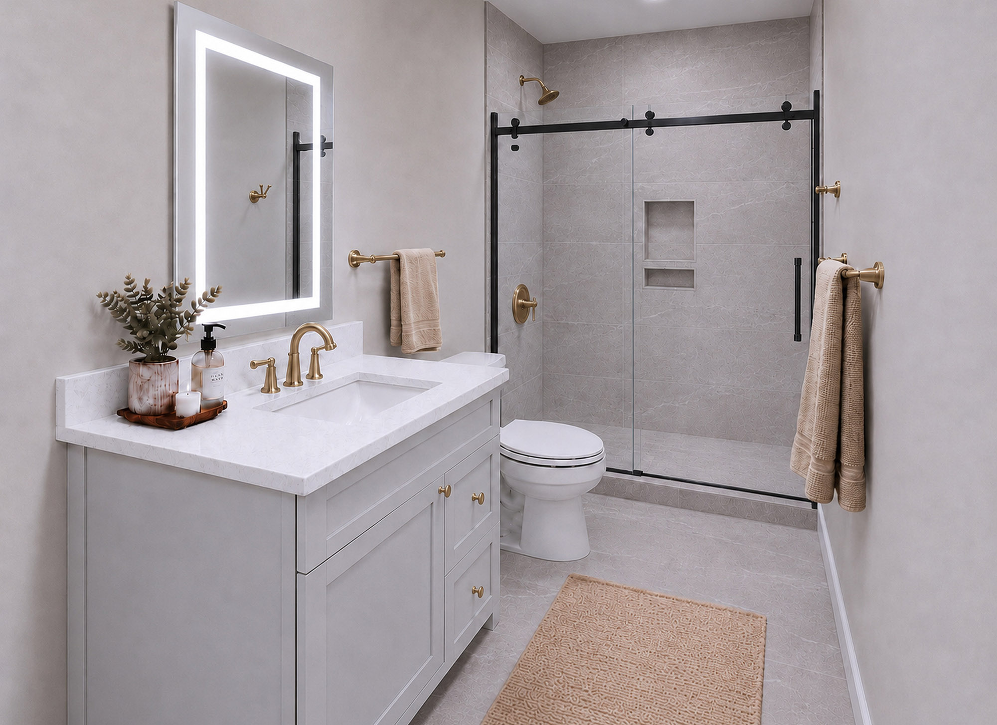 Harris Signature Bath, Level 4 in Modern with Champagne Bronze Fixtures & LED Mirror